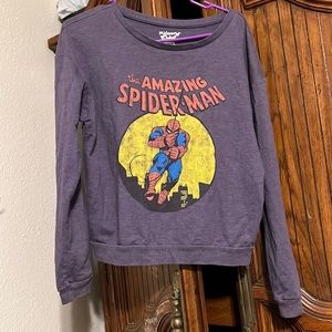Spider-man long sleeve shirt has a bleach spot look in picture